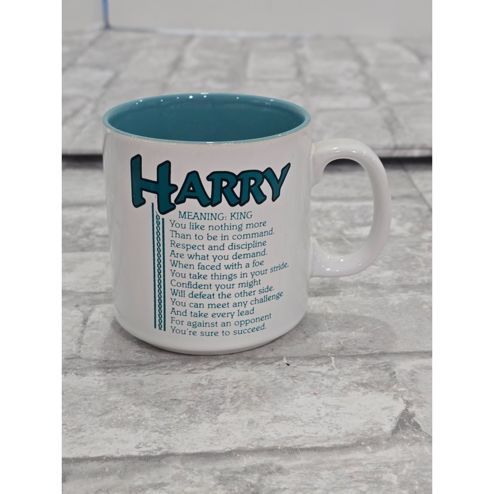 Vintage HARRY Name Meaning Caring Coffee Mug Papel Marci G. Teal Interior
